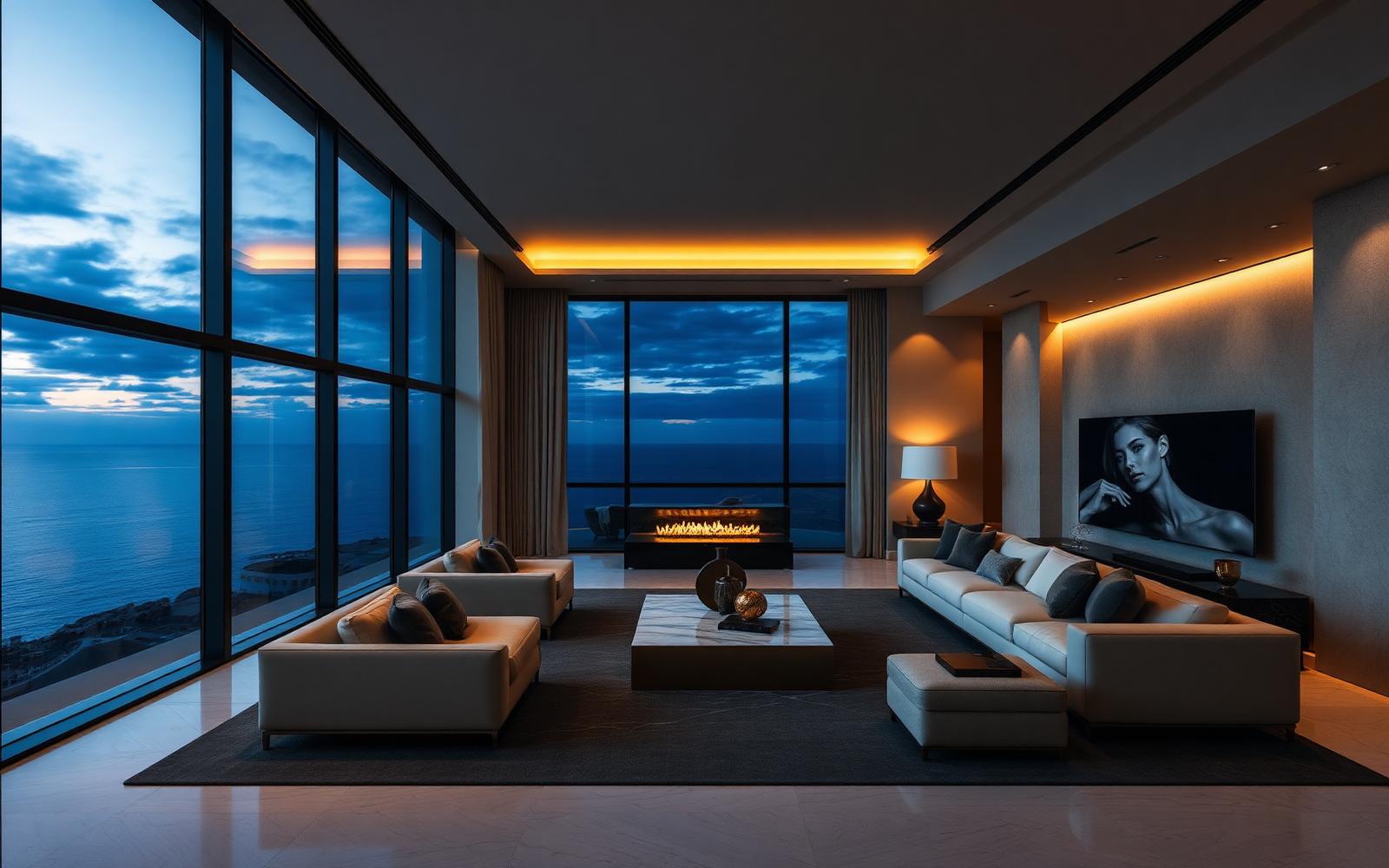 Ultra-luxury oceanfront residence interior at dusk